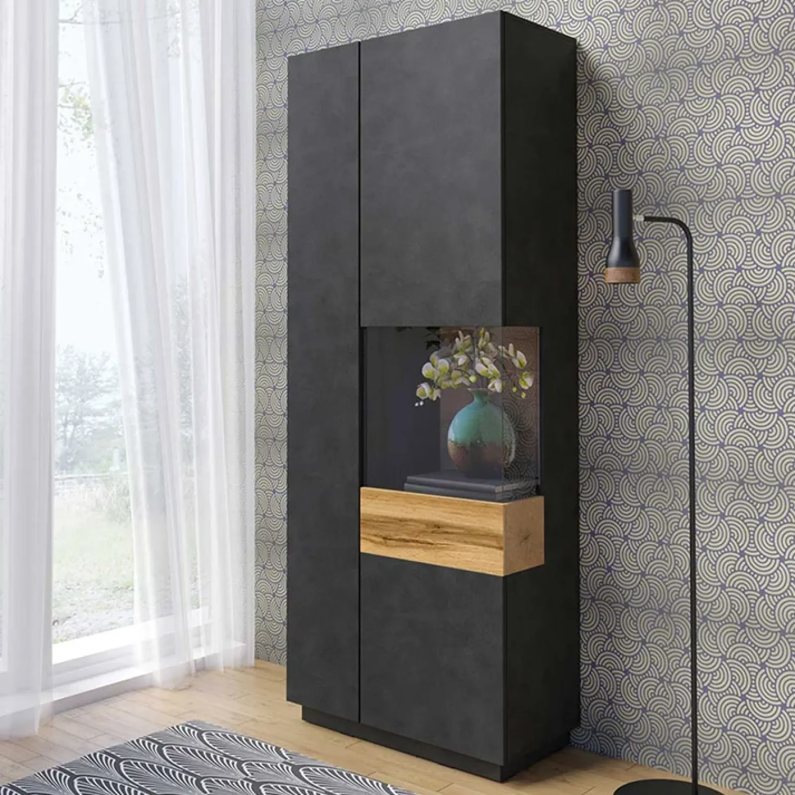 Garnero Arredamenti Vetrinette|Vetrinette-Vetrinetta 80x207h cm 2 ante destra antracite rovere Bahama Antracite - Rovere Rustico