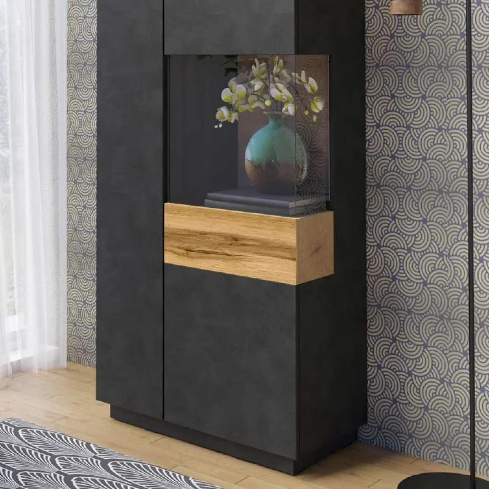 Garnero Arredamenti Vetrinette|Vetrinette-Vetrinetta 80x207h cm 2 ante destra antracite rovere Bahama Antracite - Rovere Rustico