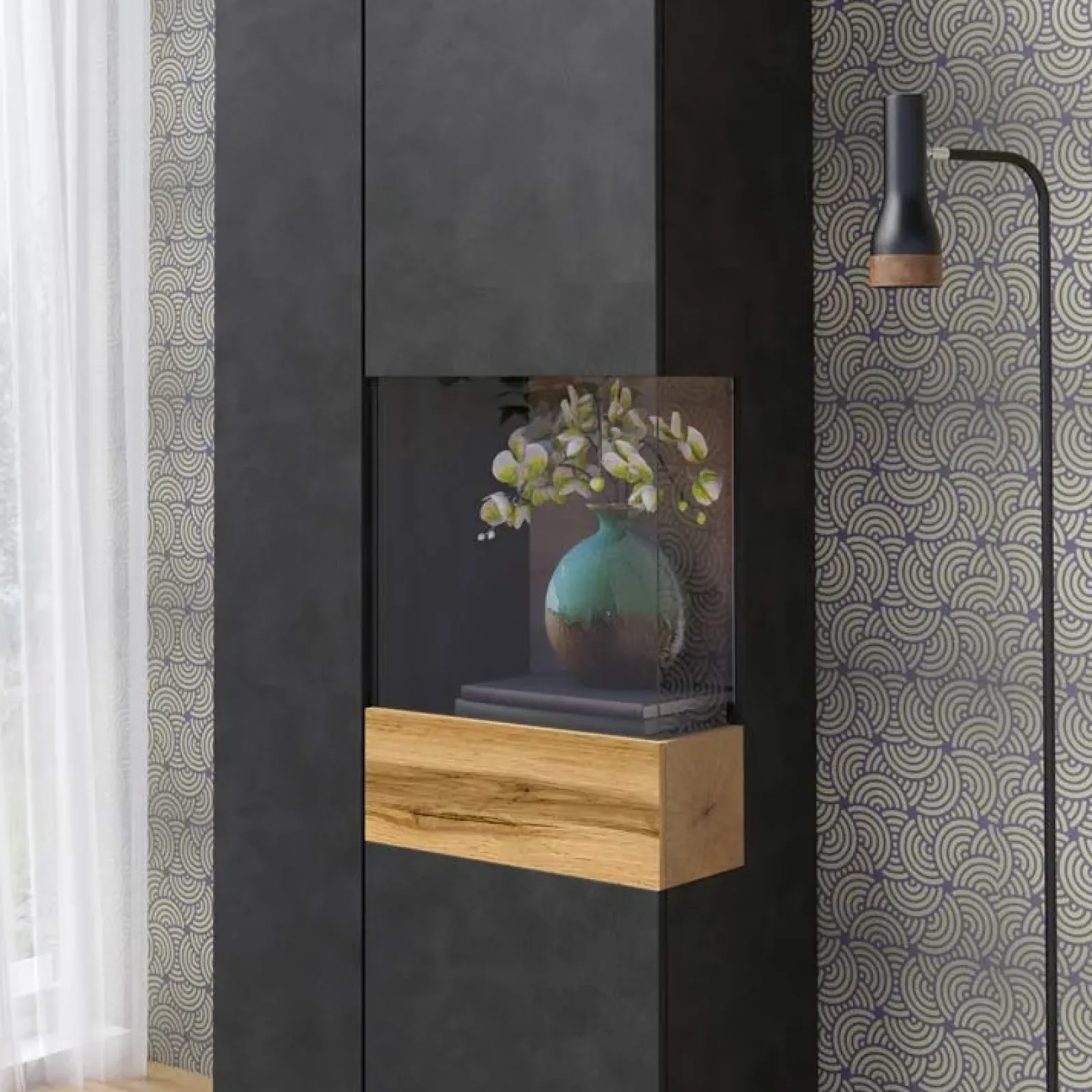 Garnero Arredamenti Vetrinette|Vetrinette-Vetrinetta 80x207h cm 2 ante destra antracite rovere Bahama Antracite - Rovere Rustico