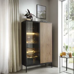 Garnero Arredamenti Vetrinette|Vetrinette-Vetrinetta 104x166h cm 2 ante moderna nero rovere antico cannettato Bali