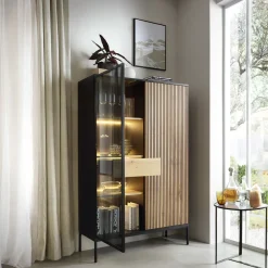 Garnero Arredamenti Vetrinette|Vetrinette-Vetrinetta 104x166h cm 2 ante moderna nero rovere antico cannettato Bali