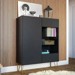 Garnero Arredamenti Vetrinette|Vetrinette-Vetrinetta 97x122h cm 2 ante moderna grafite marmo nero Visby