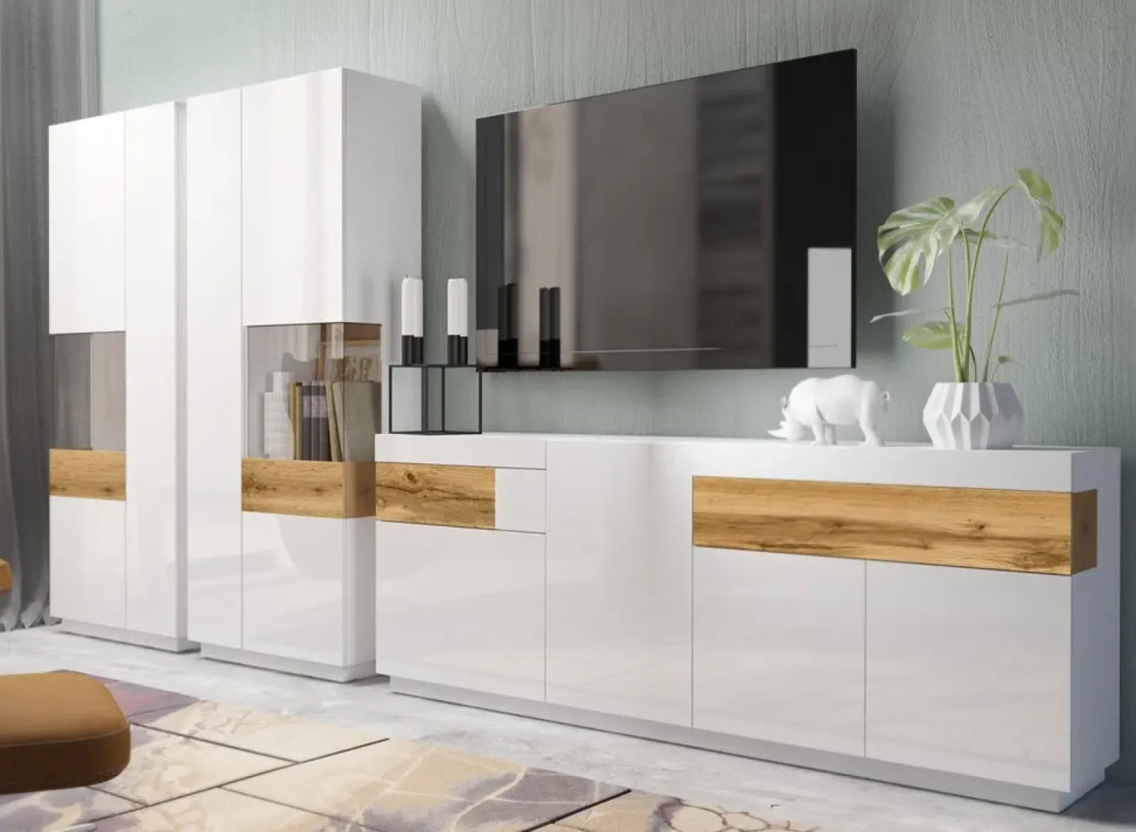 Garnero Arredamenti Vetrinette|Vetrinette-Vetrinetta 80x207h cm 2 ante sinistra bianco lucido rovere Bahama Bianco Lucido - Rovere Rustico