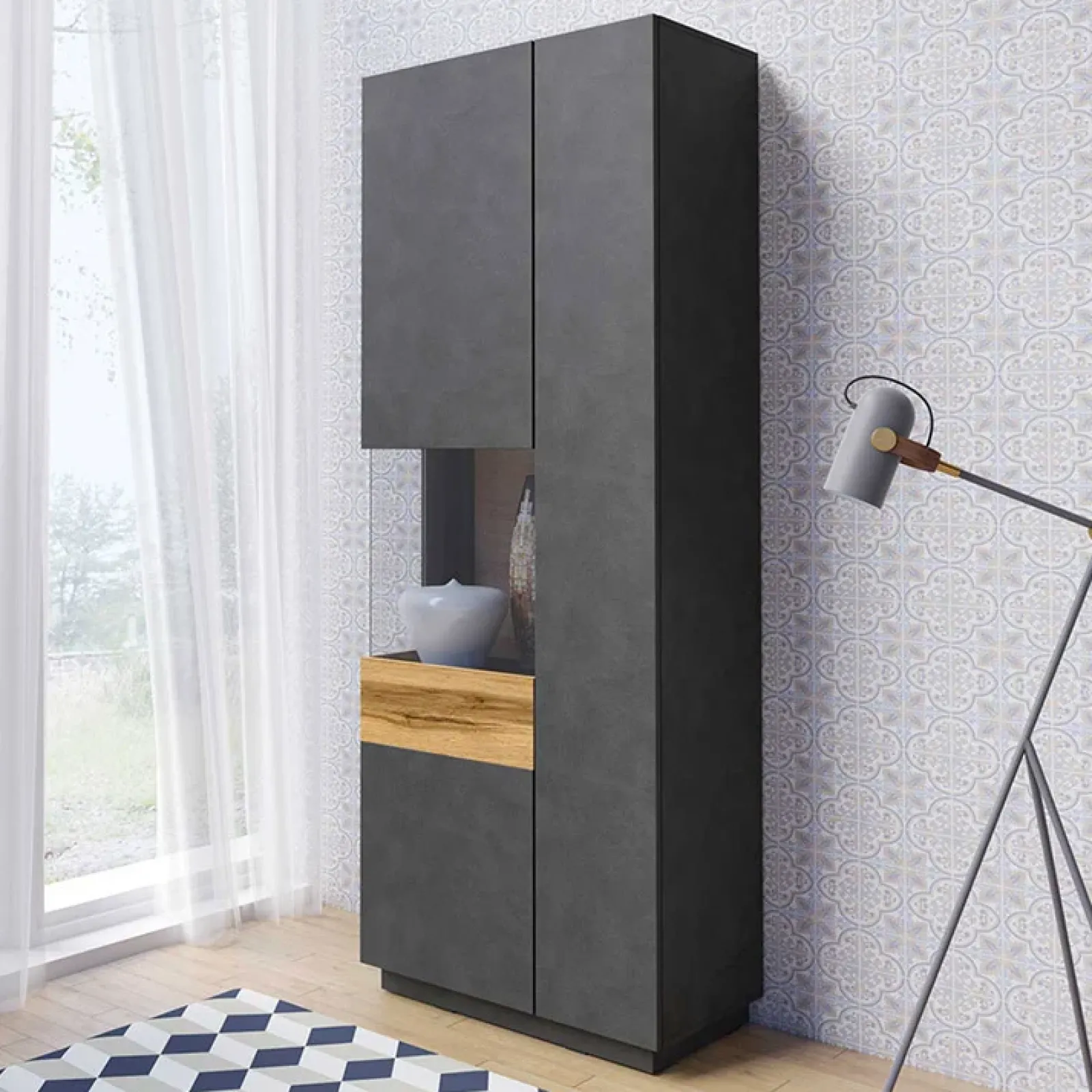 Garnero Arredamenti Vetrinette|Vetrinette-Vetrinetta 80x207h cm 2 ante sinistra moderna antracite rovere Bahama Antracite - Rovere Rustico