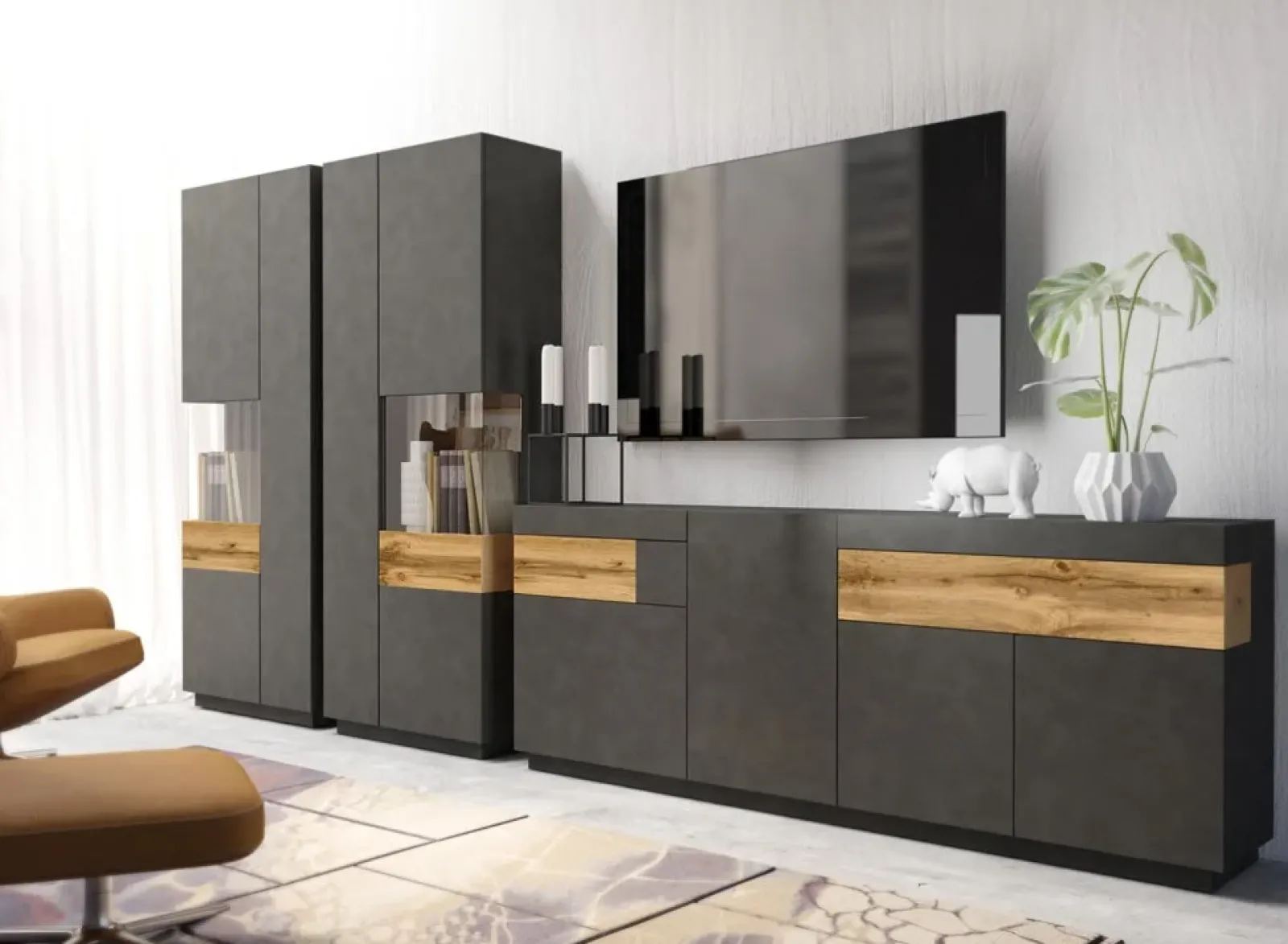 Garnero Arredamenti Vetrinette|Vetrinette-Vetrinetta 80x207h cm 2 ante sinistra moderna antracite rovere Bahama Antracite - Rovere Rustico