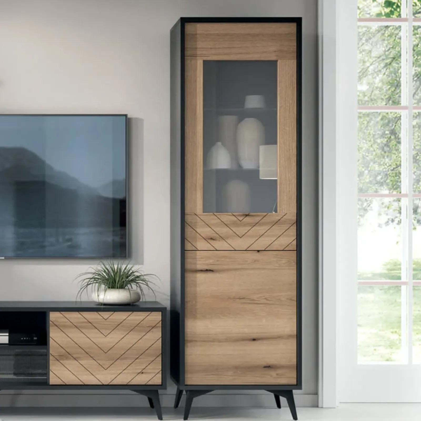 Garnero Arredamenti Vetrinette|Vetrinette-Vetrinetta 54x178h cm 2 ante soggiorno quercia nero Becca