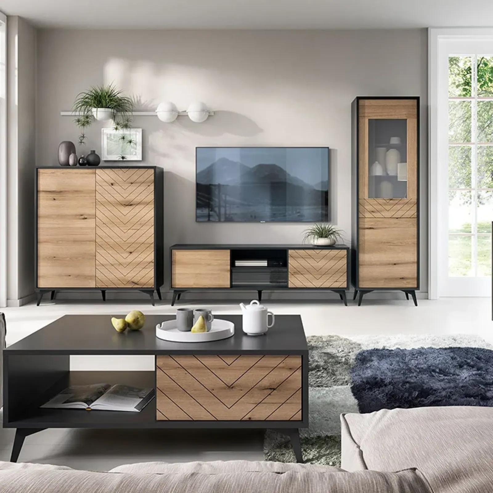 Garnero Arredamenti Vetrinette|Vetrinette-Vetrinetta 54x178h cm 2 ante soggiorno quercia nero Becca