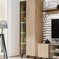 Garnero Arredamenti Vetrinette|Vetrinette-Vetrinetta 70x192h cm 2 ante soggiorno moderna noce con stampa nera Mendes