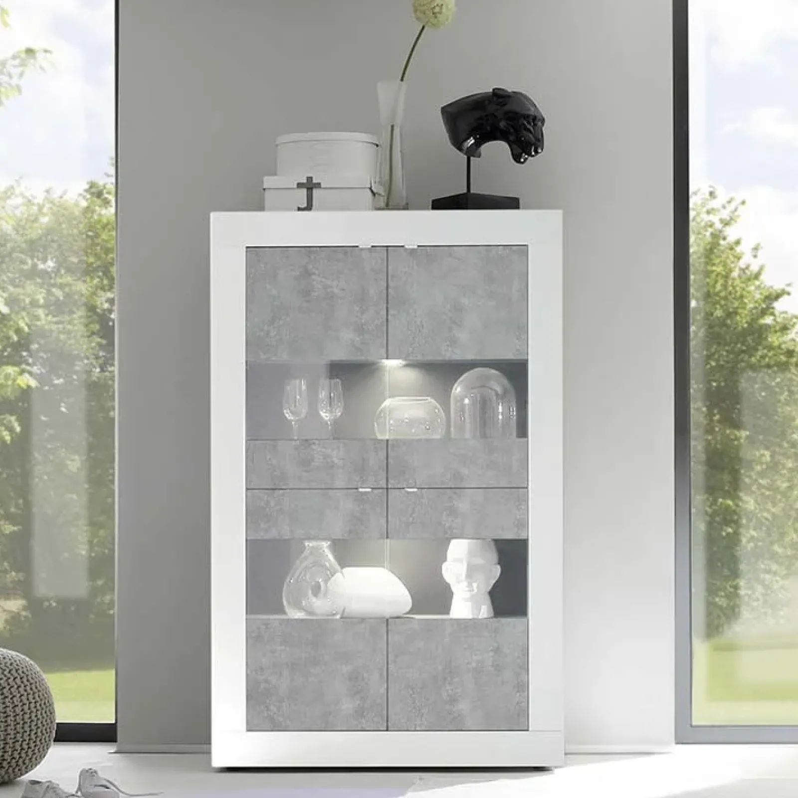 Garnero Arredamenti Vetrinette|Vetrinette-Vetrinetta 102x162h cm 4 ante soggiorno bianco lucido cemento Eternity Cemento - Bianco Lucido