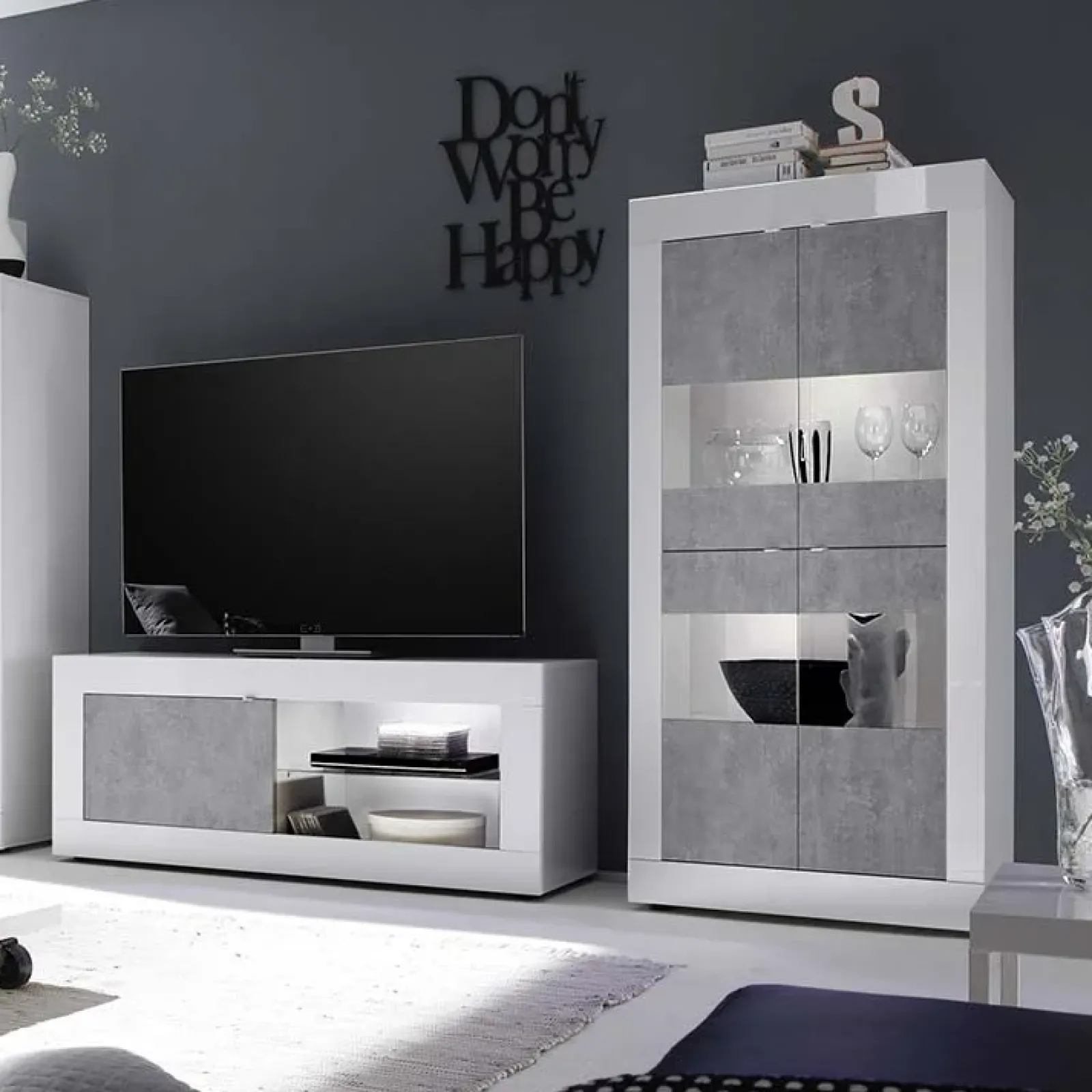 Garnero Arredamenti Vetrinette|Vetrinette-Vetrinetta 102x162h cm 4 ante soggiorno bianco lucido cemento Eternity Cemento - Bianco Lucido