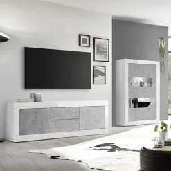 Garnero Arredamenti Vetrinette|Vetrinette-Vetrinetta 102x162h cm 4 ante soggiorno bianco lucido cemento Eternity Cemento - Bianco Lucido