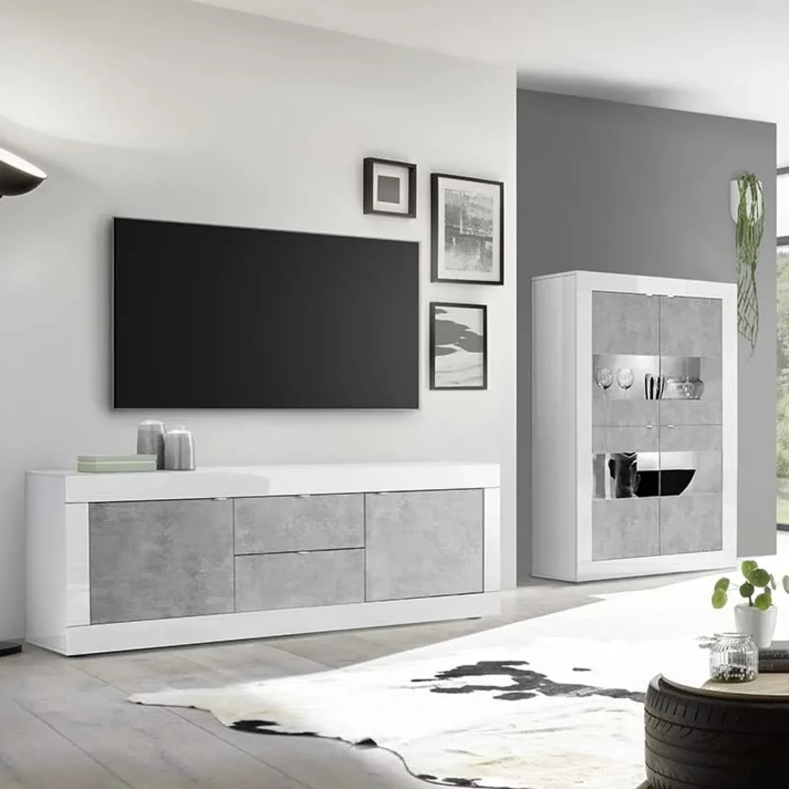 Garnero Arredamenti Vetrinette|Vetrinette-Vetrinetta 102x162h cm 4 ante soggiorno bianco lucido cemento Eternity Cemento - Bianco Lucido