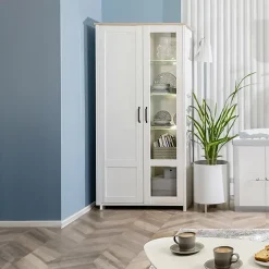 Garnero Arredamenti Vetrinette|Vetrinette-Vetrinetta 102x201h cm 2 ante soggiorno bianco frassinato rovere Lars