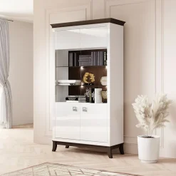 Garnero Arredamenti Vetrinette|Vetrinette-Vetrinetta 116x207h cm 2 ante soggiorno bianco frassinato rovere scuro Umag Bianco Lucido - Wengè