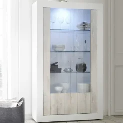 Garnero Arredamenti Vetrinette|Vetrinette-Vetrinetta 110x190h cm da parete bianco lucido e pino Florena Bianco Frassinato - Bianco Lucido