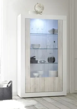 Garnero Arredamenti Vetrinette|Vetrinette-Vetrinetta 110x190h cm da parete bianco lucido e pino Florena Bianco Frassinato - Bianco Lucido