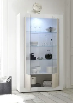 Garnero Arredamenti Vetrinette|Vetrinette-Vetrinetta 110x190h cm da parete bianco lucido e pino Florena Bianco Frassinato - Bianco Lucido