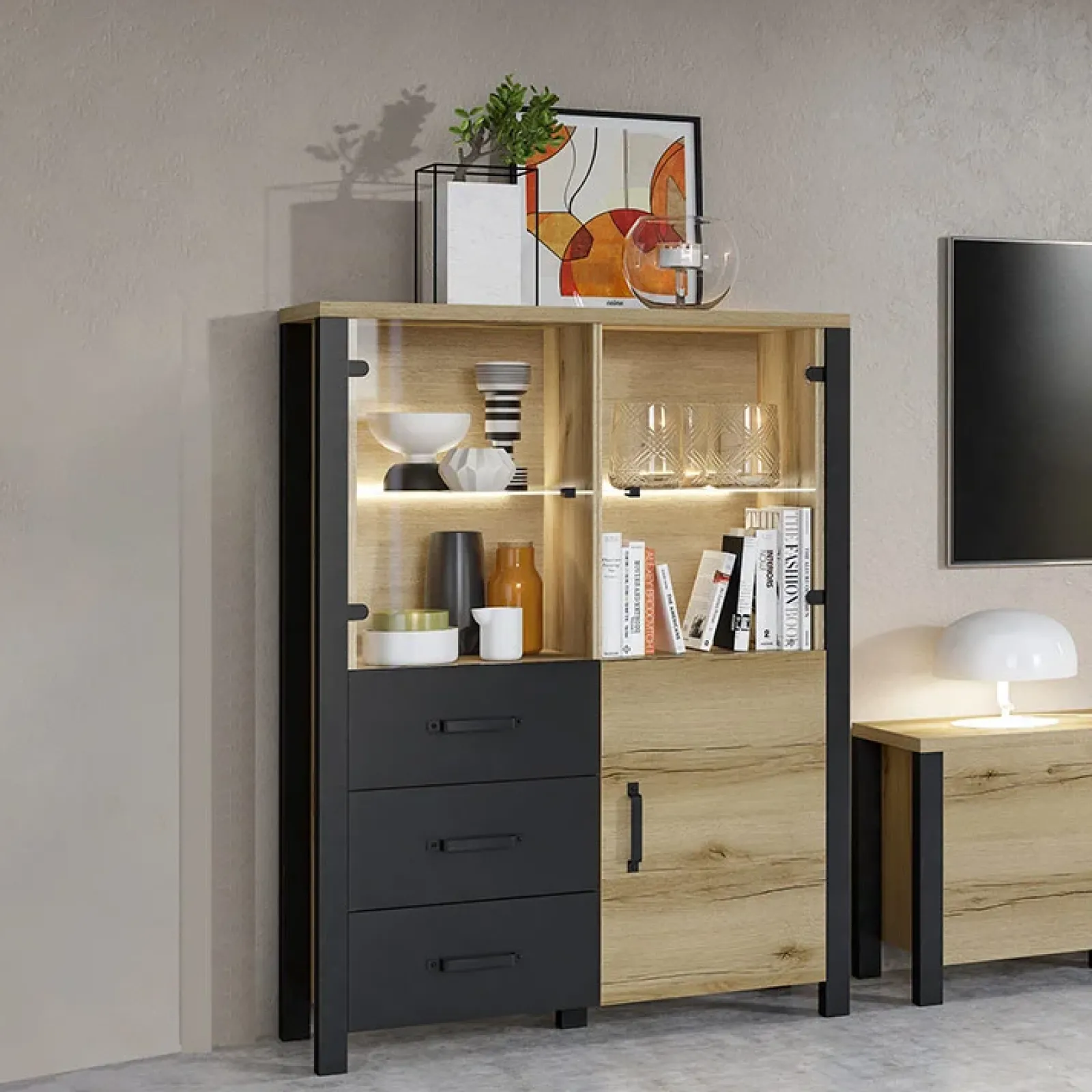 Garnero Arredamenti Credenze Moderne|Vetrinette-Vetrinetta 101x146h cm industrial 2 ante 3 cassetti rovere nero Nebraska Rovere - Nero opaco