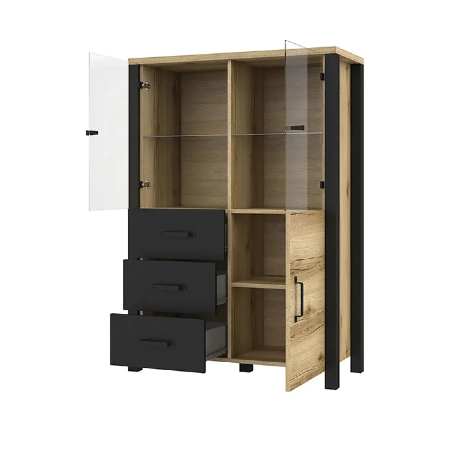 Garnero Arredamenti Credenze Moderne|Vetrinette-Vetrinetta 101x146h cm industrial 2 ante 3 cassetti rovere nero Nebraska Rovere - Nero opaco