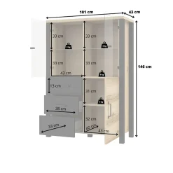 Garnero Arredamenti Credenze Moderne|Vetrinette-Vetrinetta 101x146h cm industrial 2 ante 3 cassetti rovere nero Nebraska Rovere - Nero opaco