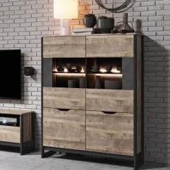 Garnero Arredamenti Vetrinette|Vetrinette-Vetrinetta 109x150h cm industrial 4 ante quercia scura ossido Sandy