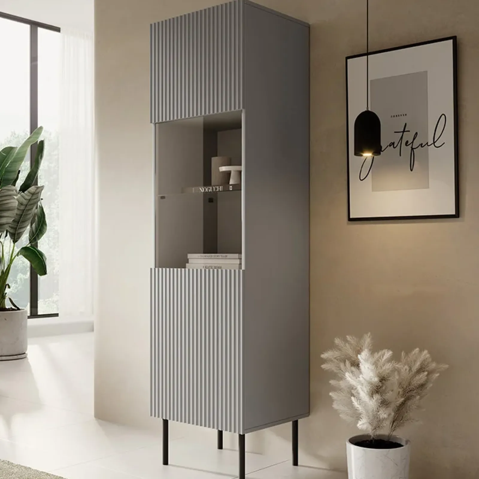 Garnero Arredamenti Vetrinette|Vetrinette-Vetrinetta 50x180h cm moderna soggiorno grigio chiaro nero Cadice