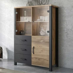 Garnero Arredamenti Credenze Moderne|Vetrinette-Vetrinetta 101x146h cm moderna quercia nero opaco Nebraska Rovere Rustico - Nero opaco